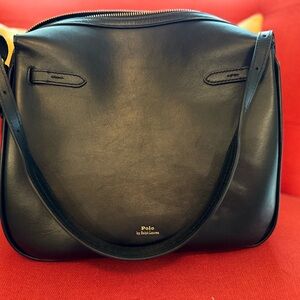 Polo by Ralph Lauren Black Leather Shoulder Bag with Gold Logo